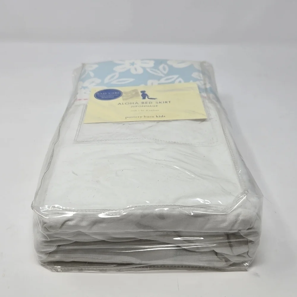 NEW POTTERY BARN KIDS CRIB ALOHA BED SKIRT DUST RUFFLE COTTON RARE BLUE FLORAL